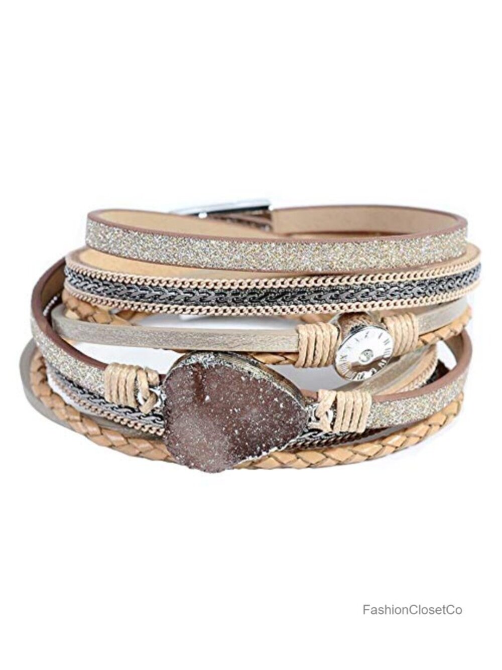 Leather Wrap Bracelet Pearl Beaded Bangle Stackable Magnetic Clasp